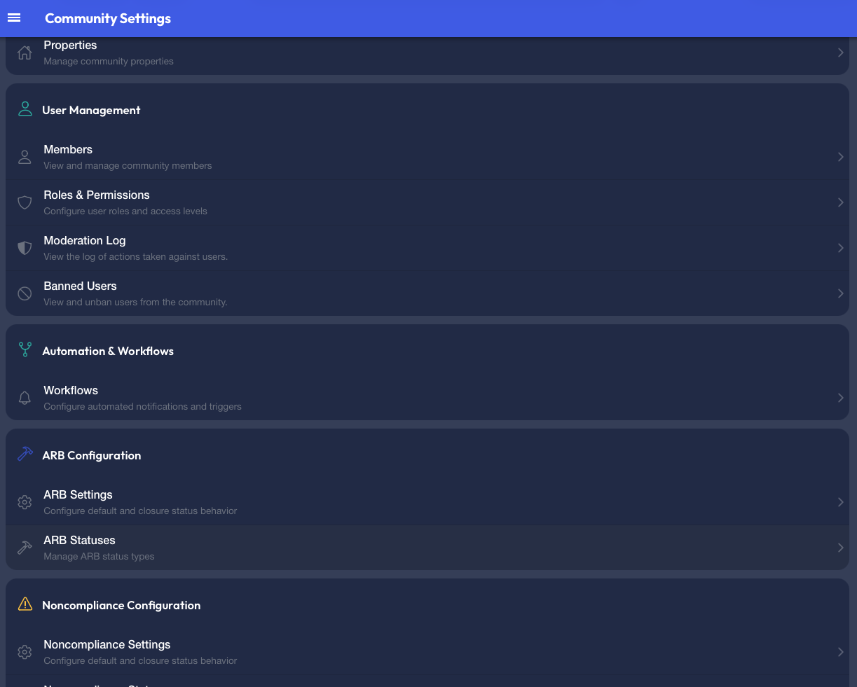 NeighborhoodHQ admin control panel showing role permissions, automation workflows, and ARB configuration