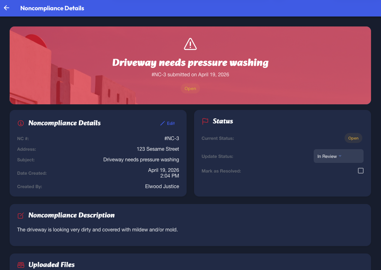NeighborhoodHQ compliance detail view showing violation tracking and case management