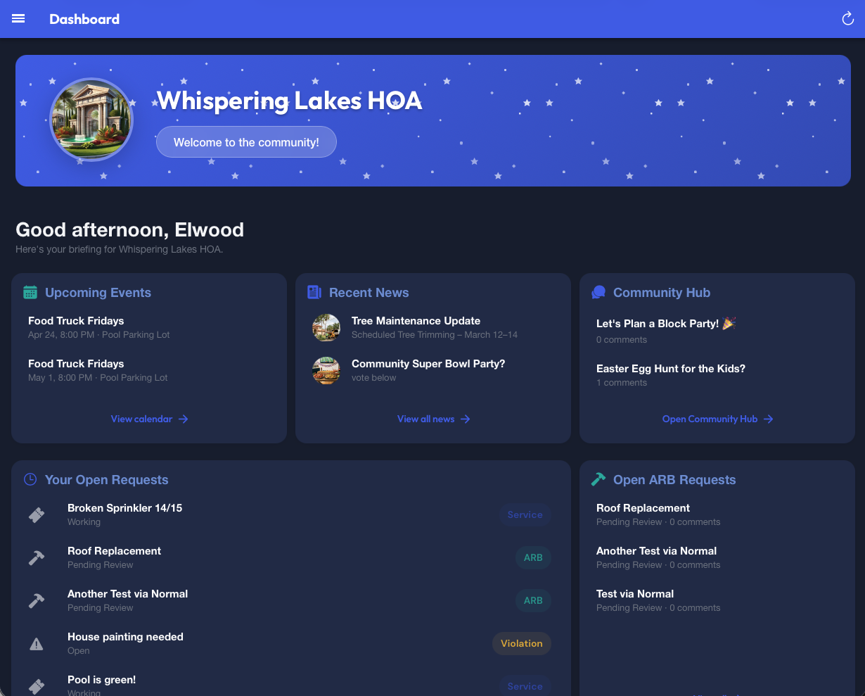 NeighborhoodHQ community hub dashboard showing upcoming events, recent news, community posts, and open requests