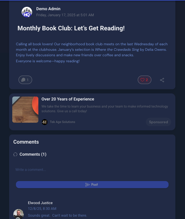 NeighborhoodHQ news detail view showing a community post with engagement