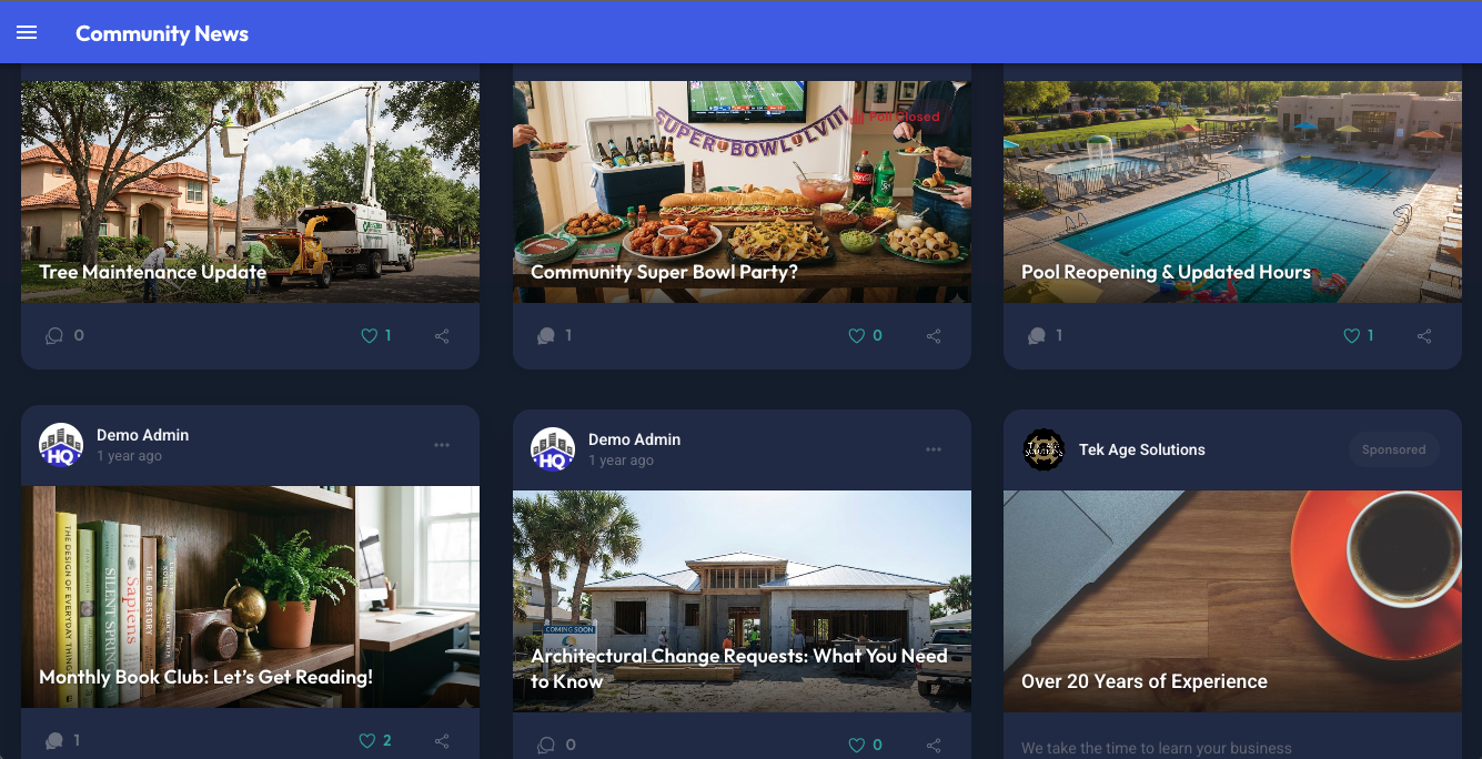 NeighborhoodHQ news overview showing community announcements and recent posts