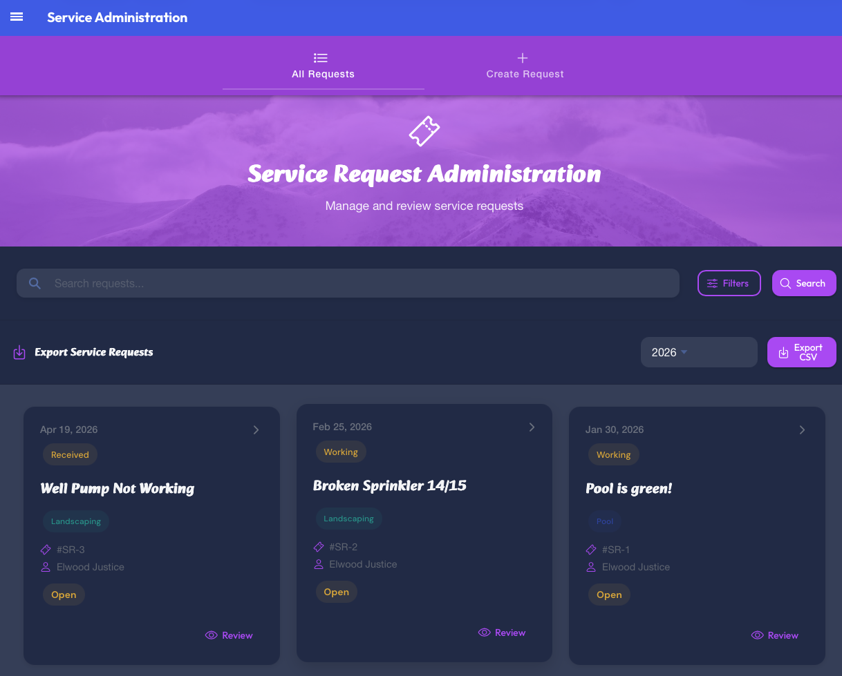 NeighborhoodHQ service request administration panel showing all requests with status, category, and resident details
